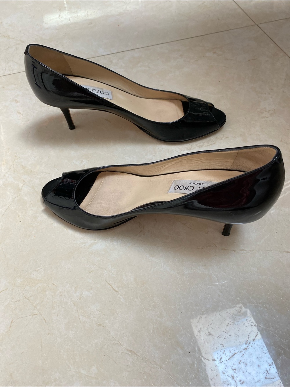 Jimmy Choi London Black Patent Leather Pumps Shoes Peep Toe 38.5 Italy Made - Picture 3 of 6